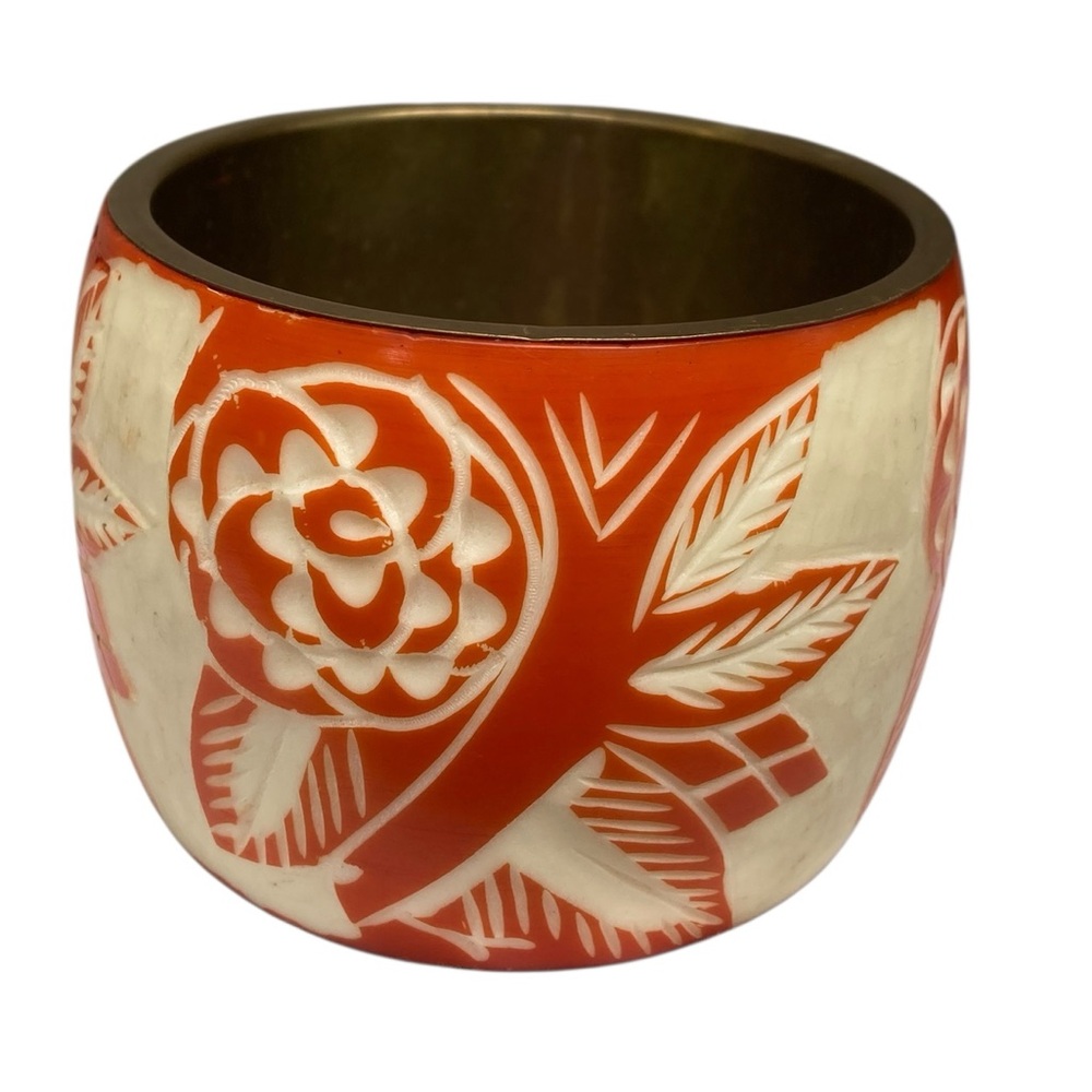 Vintage 80’s Orange & White Carved Floral Chunky Bangle Bracelet